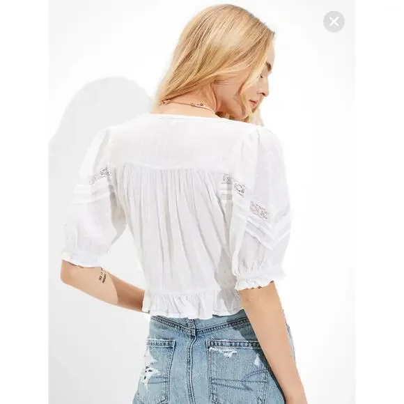 American Eagle V-Neck Gauzy Lace Tie-Front White Blouse Top BOHO L - Picture 2 of 14